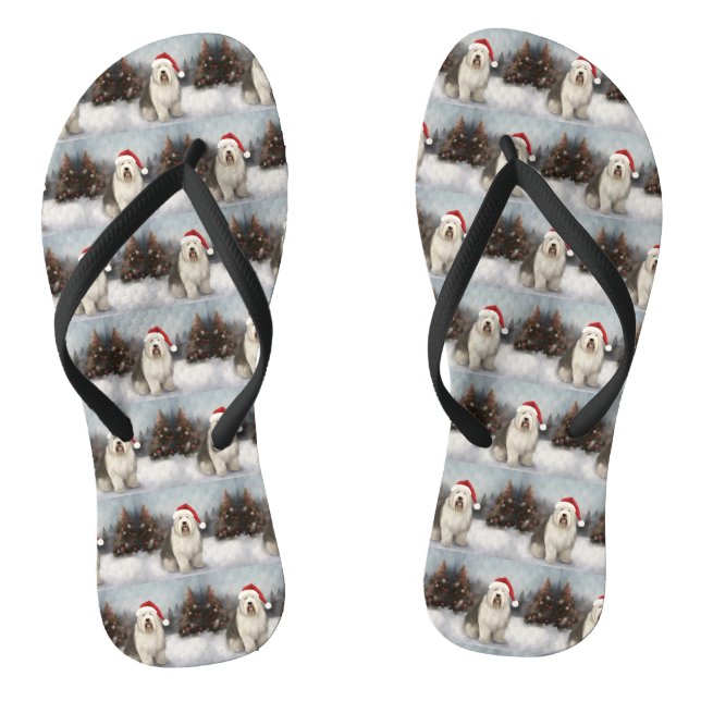 Old English Sheepdog in Snow Christmas Thongs (Footbed)
