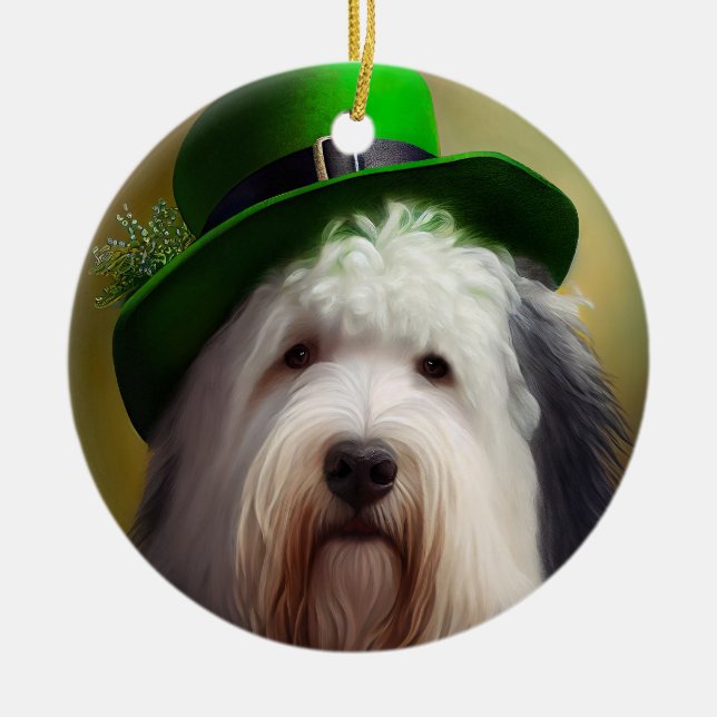 Old English Sheepdog in St. Patrick's Day Dress Ceramic Ornament (Front)