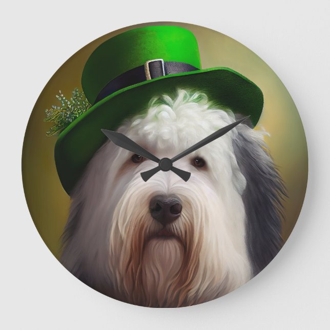 Old English Sheepdog in St. Patrick's Day Dress Large Clock (Front)