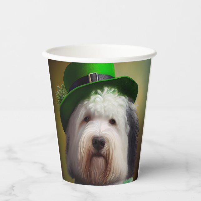 Old English Sheepdog in St. Patrick's Day Dress Paper Cups (Front)