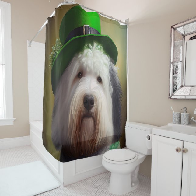 Old English Sheepdog in St. Patrick's Day Dress Shower Curtain (In Situ)