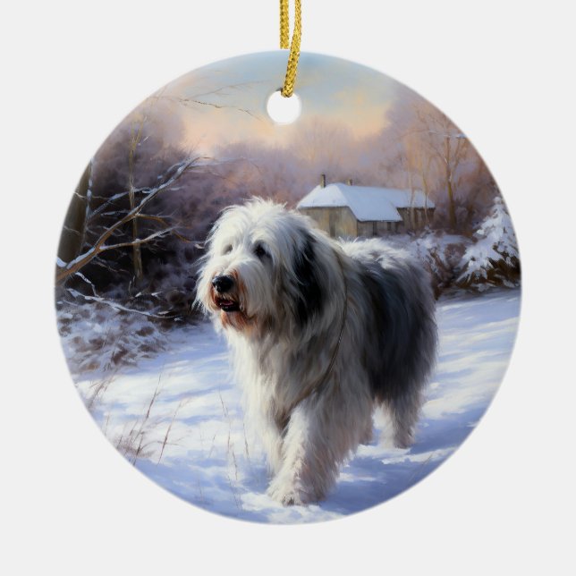 Old English Sheepdog Let It Snow Christmas Ceramic Ornament (Front)