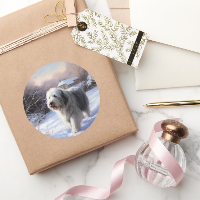 Old English Sheepdog Let It Snow Christmas Classic Round Sticker (Gifting)