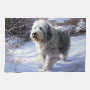 Old English Sheepdog Let It Snow Christmas Tea Towel