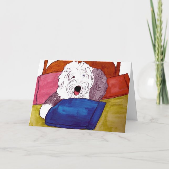 Old English Sheepdog on bed Card (Front)