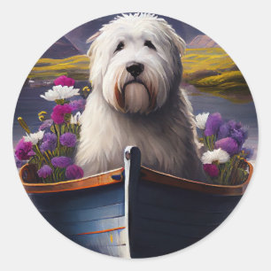 Old English Sheepdog on Paddle: A Scenic Adventure Classic Round Sticker
