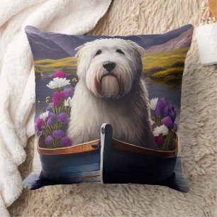 Old English Sheepdog on Paddle: A Scenic Adventure Cushion