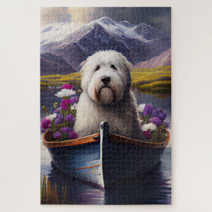 Old English Sheepdog on Paddle: A Scenic Adventure Jigsaw Puzzle