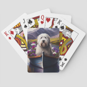 Old English Sheepdog on Paddle: A Scenic Adventure Playing Cards