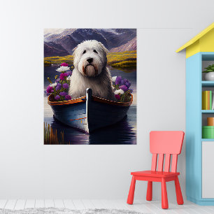 Old English Sheepdog on Paddle: A Scenic Adventure Poster