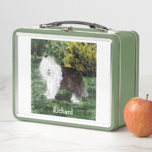 Old English Sheepdog Painting Personalised Metal Lunch Box