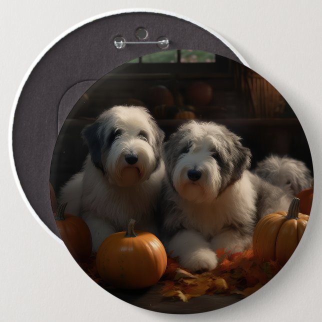 Old English Sheepdog Puppy Autumn Delight Pumpkin 6 Cm Round Badge (Front & Back)