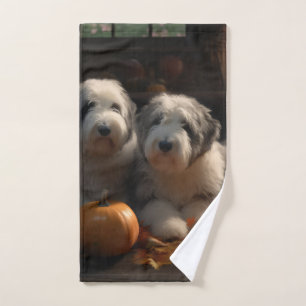 Old English Sheepdog Puppy Autumn Delight Pumpkin Bath Towel Set