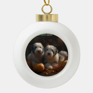 Old English Sheepdog Puppy Autumn Delight Pumpkin Ceramic Ball Christmas Ornament