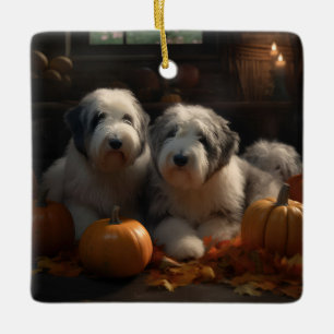 Old English Sheepdog Puppy Autumn Delight Pumpkin Ceramic Ornament
