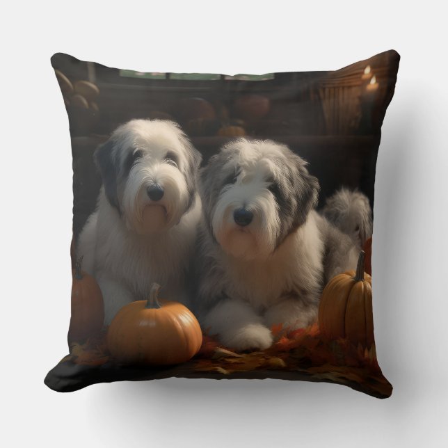 Old English Sheepdog Puppy Autumn Delight Pumpkin Cushion (Front)