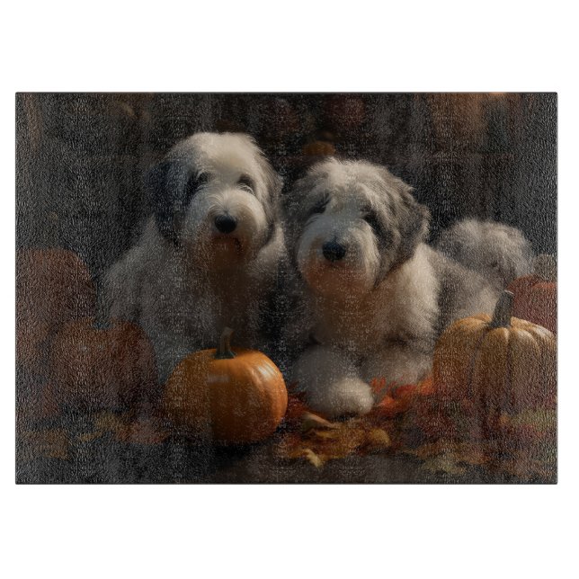 Old English Sheepdog Puppy Autumn Delight Pumpkin Cutting Board (Front)