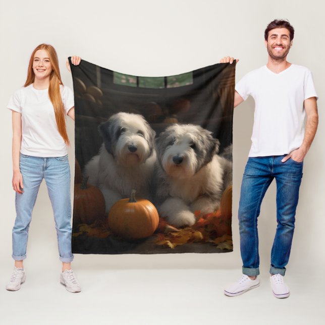 Old English Sheepdog Puppy Autumn Delight Pumpkin Fleece Blanket (In Situ)