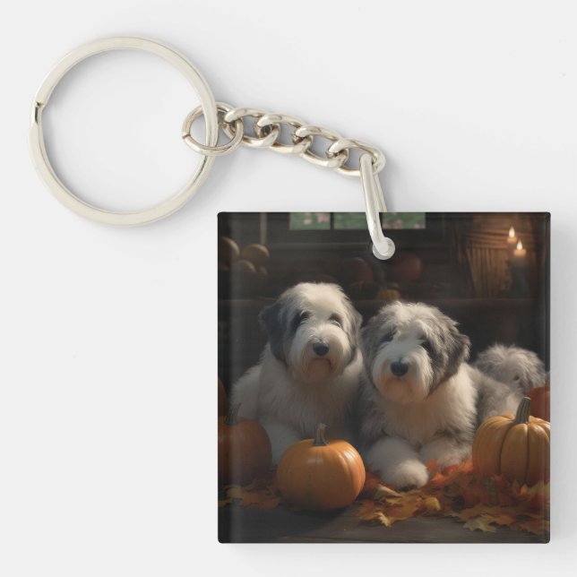 Old English Sheepdog Puppy Autumn Delight Pumpkin Key Ring (Front)