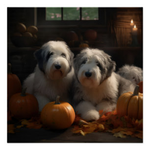 Old English Sheepdog Puppy Autumn Delight Pumpkin Poster