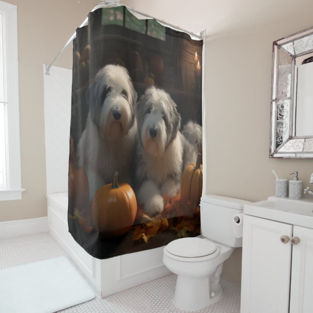 Old English Sheepdog Puppy Autumn Delight Pumpkin Shower Curtain (In Situ)