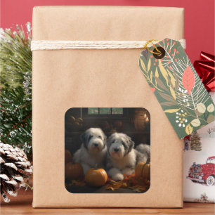 Old English Sheepdog Puppy Autumn Delight Pumpkin Square Sticker