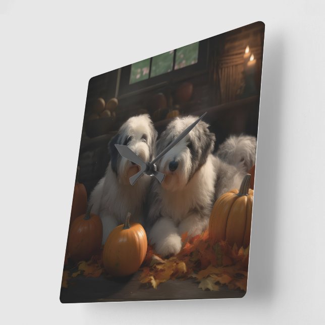 Old English Sheepdog Puppy Autumn Delight Pumpkin Square Wall Clock (Angle)