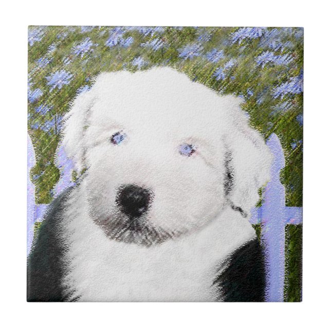 Old English Sheepdog Puppy Painting - Dog Art Ceramic Tile (Front)