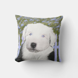 Old English Sheepdog Puppy Painting - Dog Art Cushion