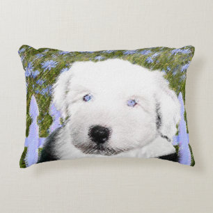 Old English Sheepdog Puppy Painting - Dog Art Decorative Cushion