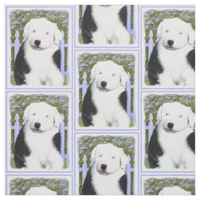 Old English Sheepdog Puppy Painting - Dog Art Fabric (Swatch)