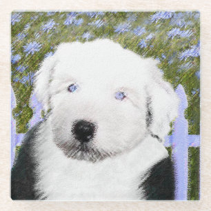 Old English Sheepdog Puppy Painting - Dog Art Glass Coaster