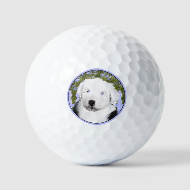 Old English Sheepdog Puppy Painting - Dog Art Golf Balls (Front)