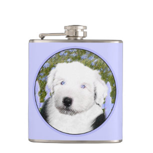 Old English Sheepdog Puppy Painting - Dog Art Hip Flask