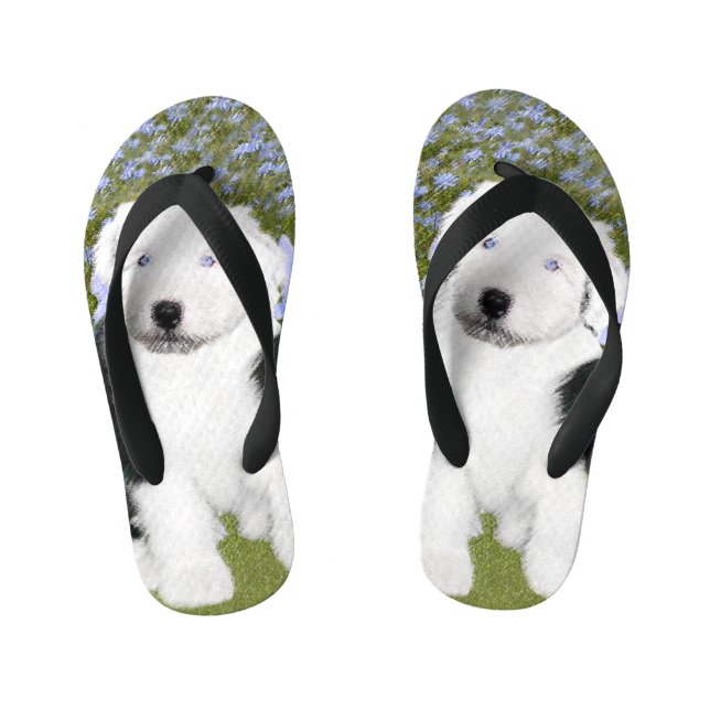 Old English Sheepdog Puppy Painting - Dog Art Kid's Thongs (Footbed)