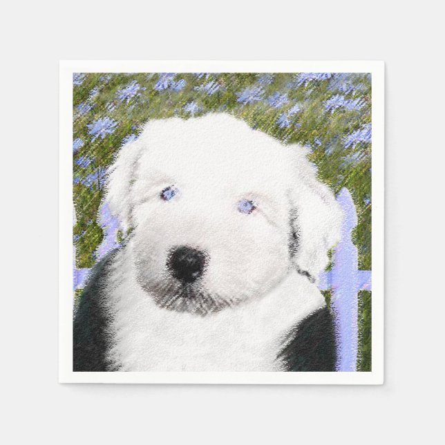 Old English Sheepdog Puppy Painting - Dog Art Napkin (Front)