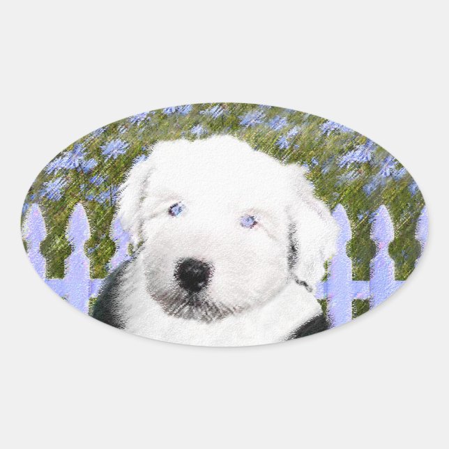 Old English Sheepdog Puppy Painting - Dog Art Oval Sticker (Front)