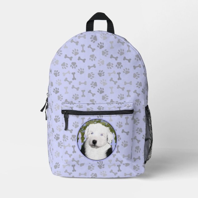 Old English Sheepdog Puppy Painting - Dog Art Printed Backpack (Front)