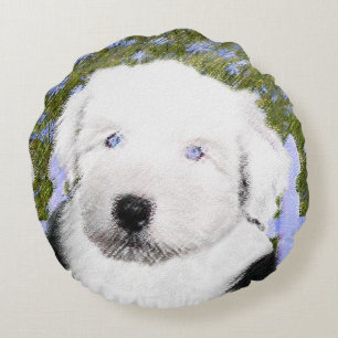 Old English Sheepdog Puppy Painting - Dog Art Round Cushion