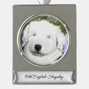 Old English Sheepdog Puppy Painting - Dog Art Silv Silver Plated Banner Ornament