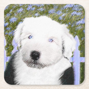Old English Sheepdog Puppy Painting - Dog Art Square Paper Coaster