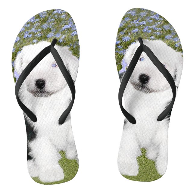 Old English Sheepdog Puppy Painting - Dog Art Thongs (Footbed)