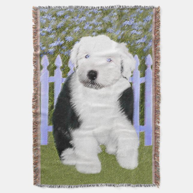 Old English Sheepdog Puppy Painting - Dog Art Throw Blanket (Front Vertical)
