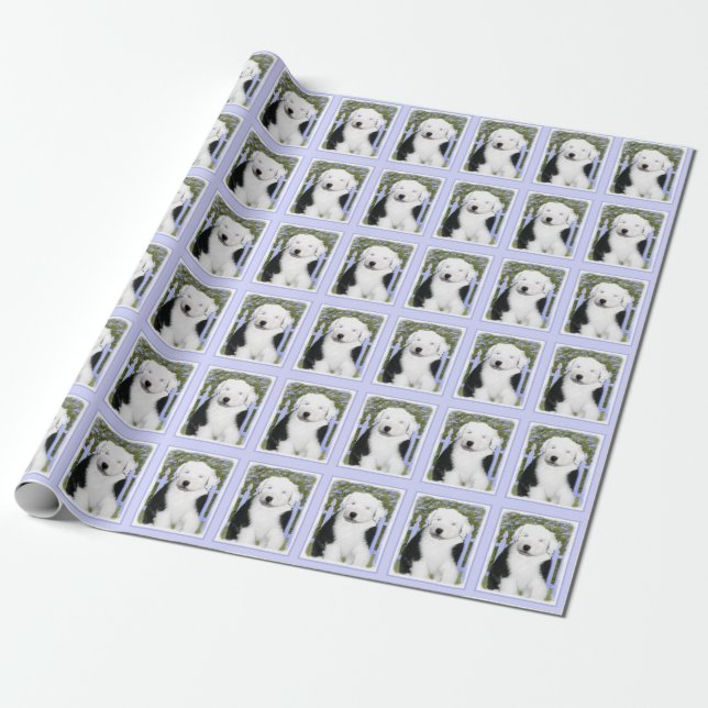 Old English Sheepdog Puppy Painting - Dog Art Wrapping Paper (Unrolled)