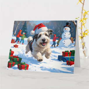 Old English Sheepdog Running in Snow Christmas Hat Card