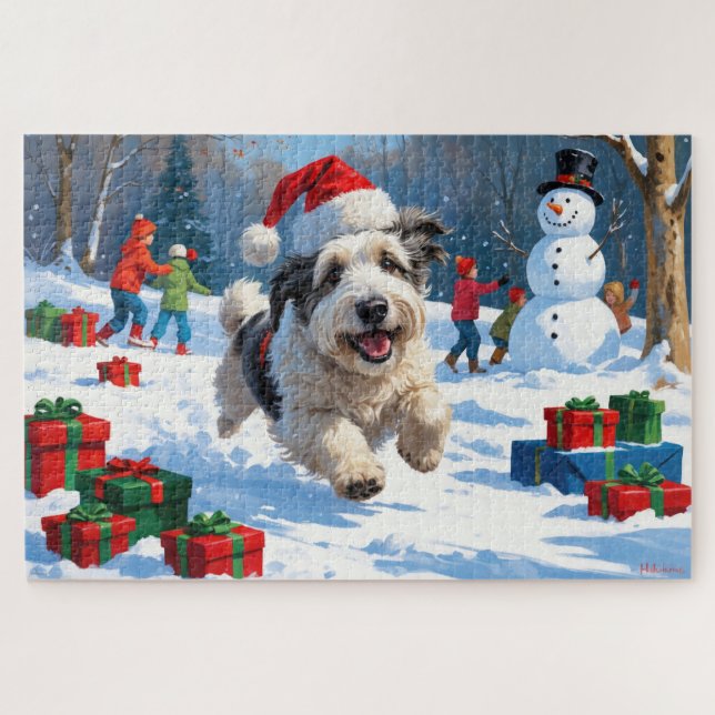 Old English Sheepdog Running in Snow Christmas Hat Jigsaw Puzzle (Horizontal)
