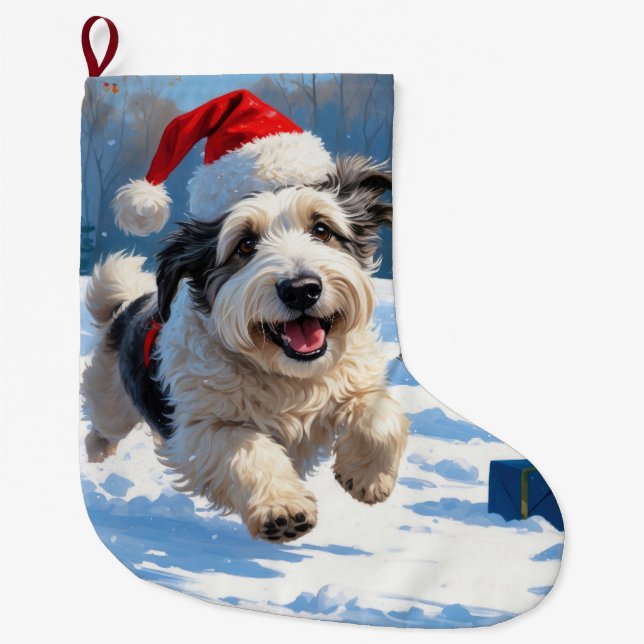 Old English Sheepdog Running in Snow Christmas Hat Large Christmas Stocking (Front)