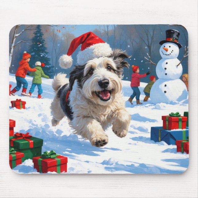 Old English Sheepdog Running in Snow Christmas Hat Mouse Pad (Front)