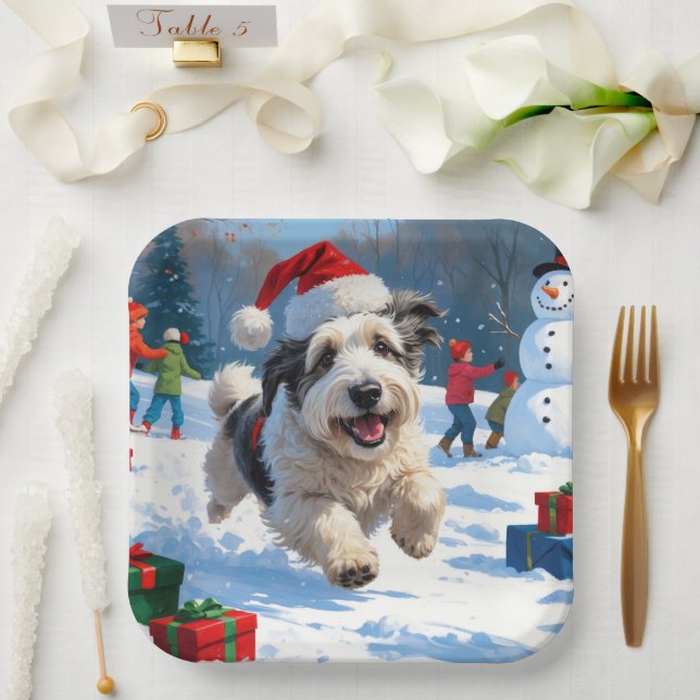 Old English Sheepdog Running in Snow Christmas Hat Paper Plate (Wedding)