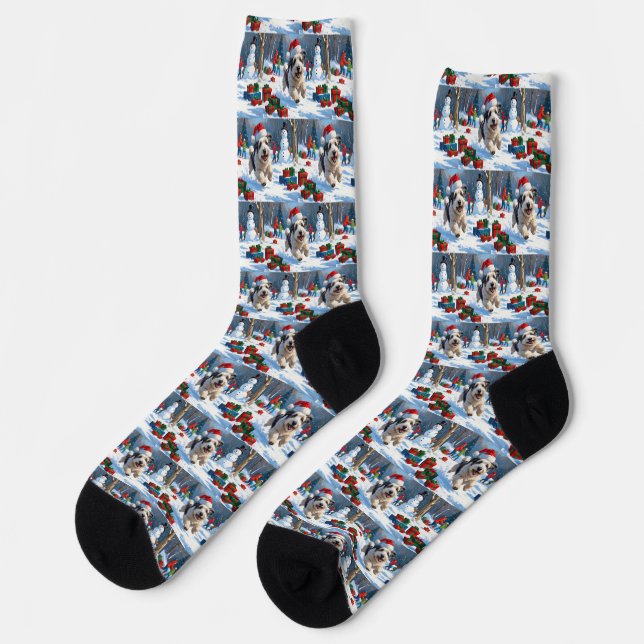 Old English Sheepdog Running in Snow Christmas Hat Socks (Left)